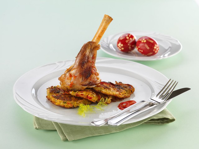Lamb shank confit, Hungarian style, with fennel hash brown